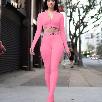 FQLWL Streetwear White Pink 2 Two Piece Set Women Outfits Fitnesss Long Sleeve Crop Top Leggings Women Ladies Tracksuit Female